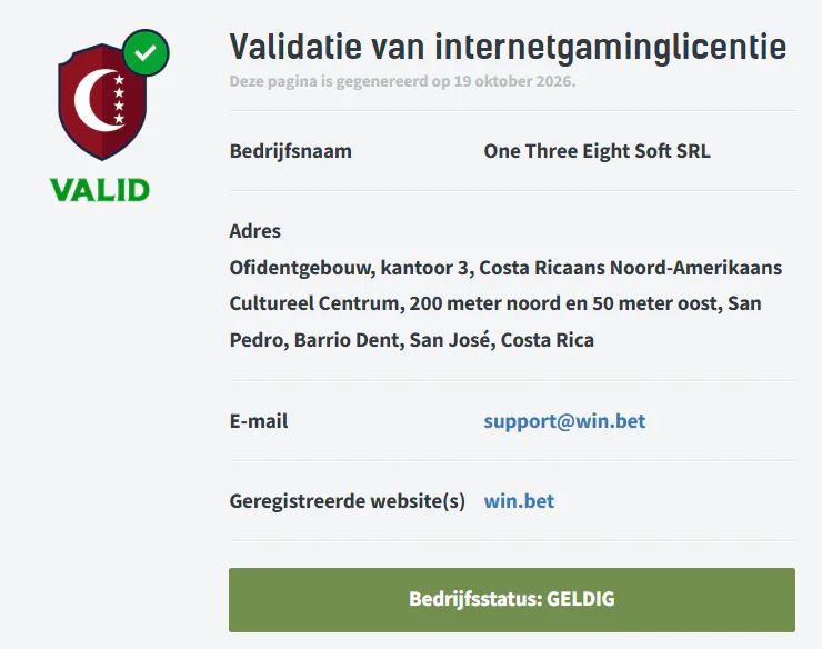 Licentievalidatie van Win.Bet Casino met geldige registratiestatus van One Three Eight Soft SRL in Costa Rica en vermelding van de officiële website win.bet
