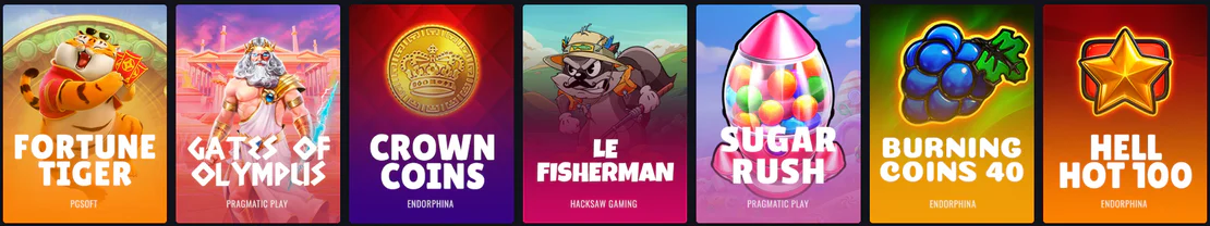 Populaire gokkasten bij Win.Bet Casino, waaronder Fortune Tiger, Gates of Olympus, Crown Coins, Le Fisherman, Sugar Rush, Burning Coins 40 en Hell Hot 100
